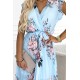 464-1 Pleated dress with a neckline and frills on the shoulders - light blue with light roses     