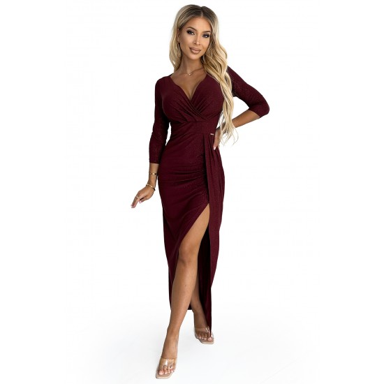 404-5 Shiny dress with a neckline and a slit on the leg - Burgundy color     