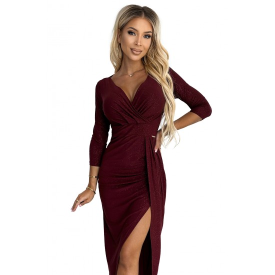 404-5 Shiny dress with a neckline and a slit on the leg - Burgundy color     