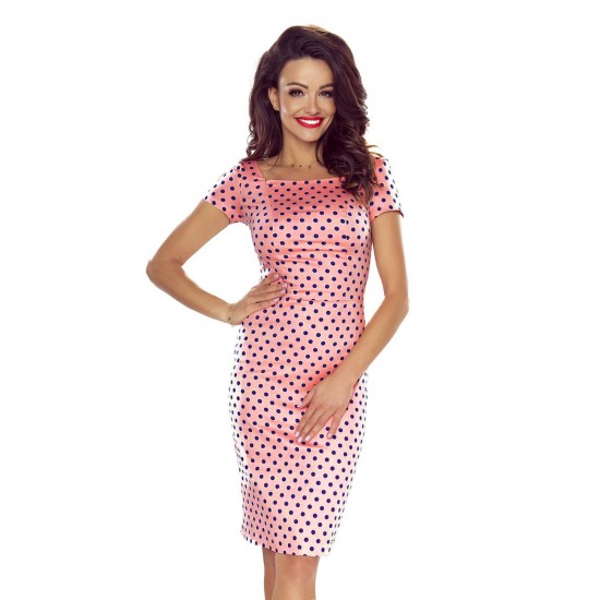 440-2 Elegant cotton dress with short sleeves - pink with navy blue polka dots     