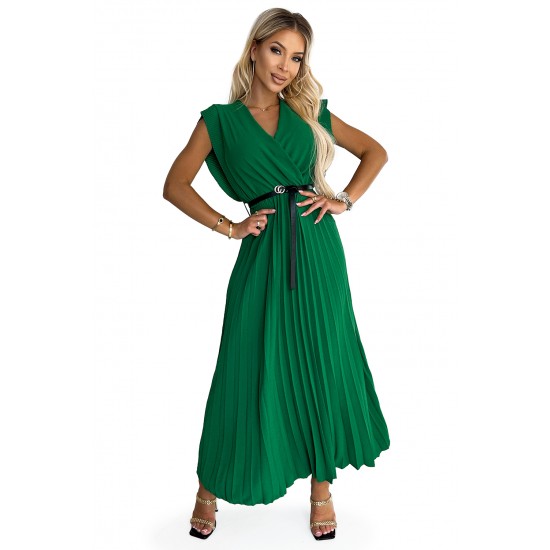 485-1 Pleated dress with frills, neckline and black belt - green     