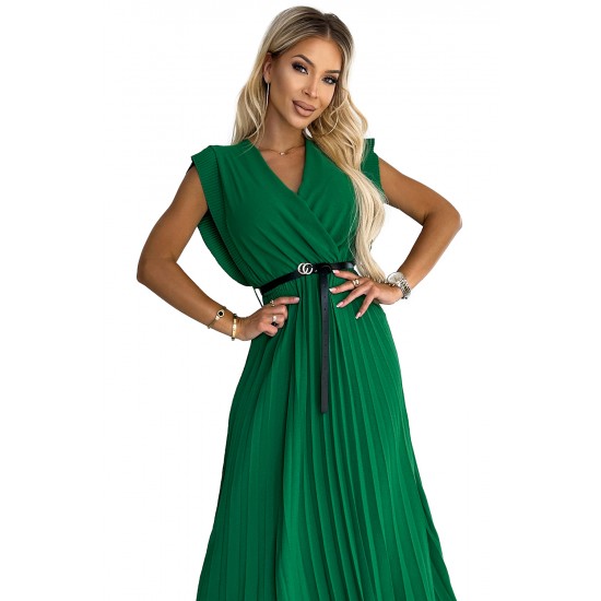 485-1 Pleated dress with frills, neckline and black belt - green     