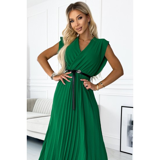 485-1 Pleated dress with frills, neckline and black belt - green     