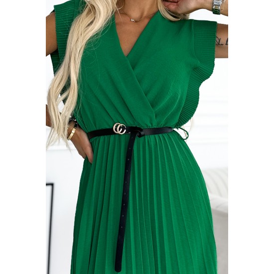 485-1 Pleated dress with frills, neckline and black belt - green     