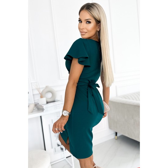 479-1 NINA dress with an envelope neckline, sleeve and belt - green     