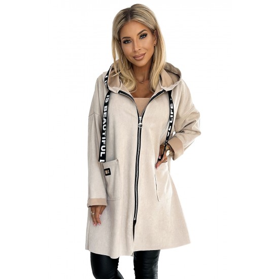 495-1 Suede coat with a hood, zipper and pockets - beige     