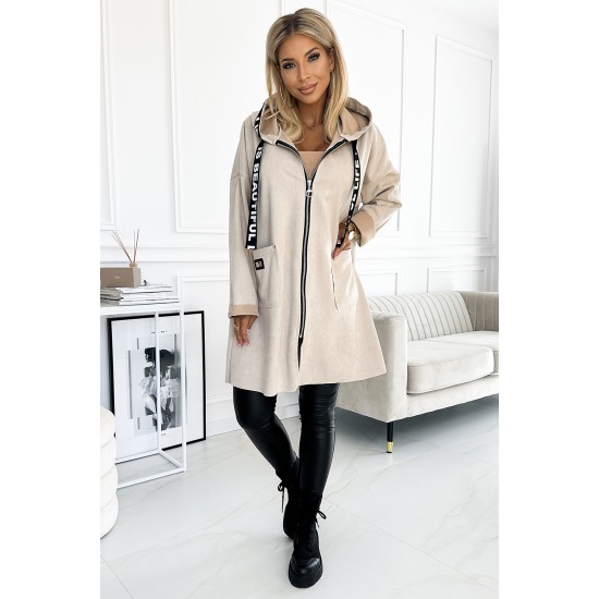 495-1 Suede coat with a hood, zipper and pockets - beige     