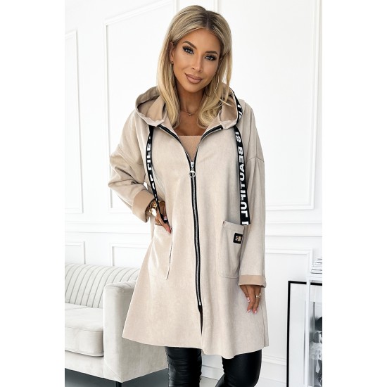 495-1 Suede coat with a hood, zipper and pockets - beige     