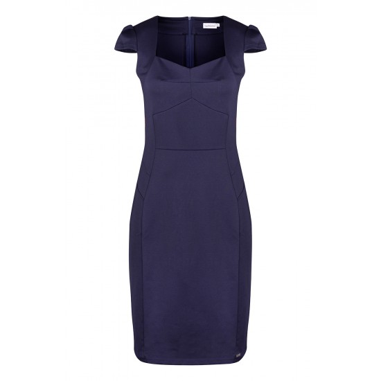 318-5 Elegant midi dress with a nice neckline - navy blue     