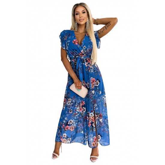 473-1 ARIA Long dress with a neckline and short sleeves - blue with flowers     