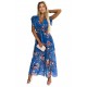 473-1 ARIA Long dress with a neckline and short sleeves - blue with flowers     