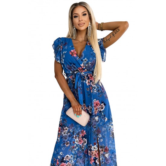 473-1 ARIA Long dress with a neckline and short sleeves - blue with flowers     