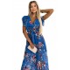 473-1 ARIA Long dress with a neckline and short sleeves - blue with flowers     