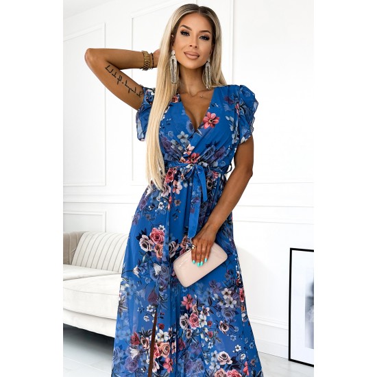 473-1 ARIA Long dress with a neckline and short sleeves - blue with flowers     