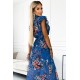 473-1 ARIA Long dress with a neckline and short sleeves - blue with flowers     