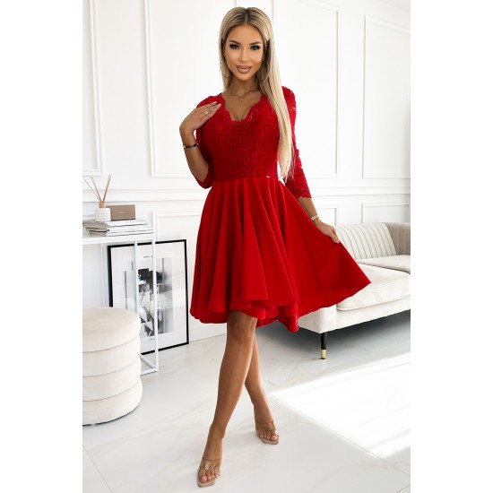 210-16 NICOLLE - dress with lace neckline and longer back - red     