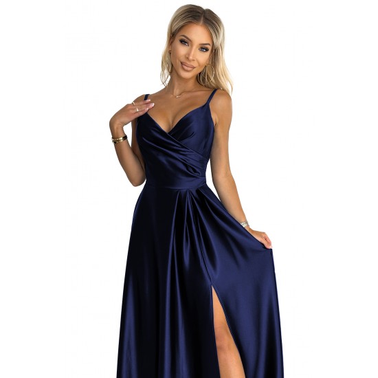 299-12 CHIARA elegant satin maxi dress with straps - navy blue     