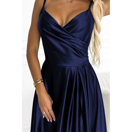 299-12 CHIARA elegant satin maxi dress with straps - navy blue     