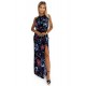 191-7 Long beach dress tied at the neck with a slit - purple dark flowers
