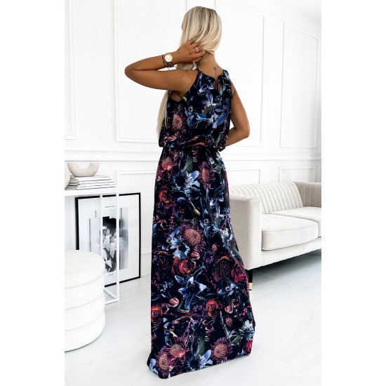 191-7 Long beach dress tied at the neck with a slit - purple dark flowers
