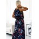 191-7 Long beach dress tied at the neck with a slit - purple dark flowers
