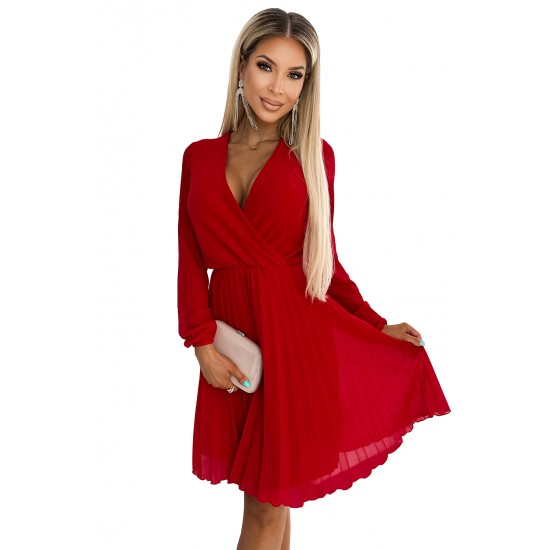 313-13 ISABELLE Pleated dress with long sleeves and envelope neckline - red     