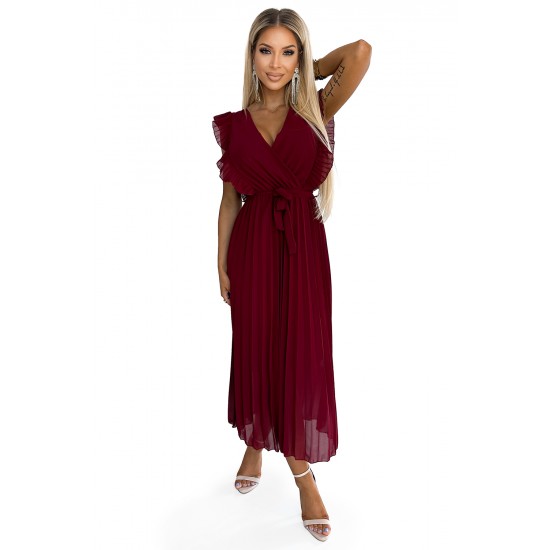 469-1 Pleated dress with frills, neckline and belt - burgundy     