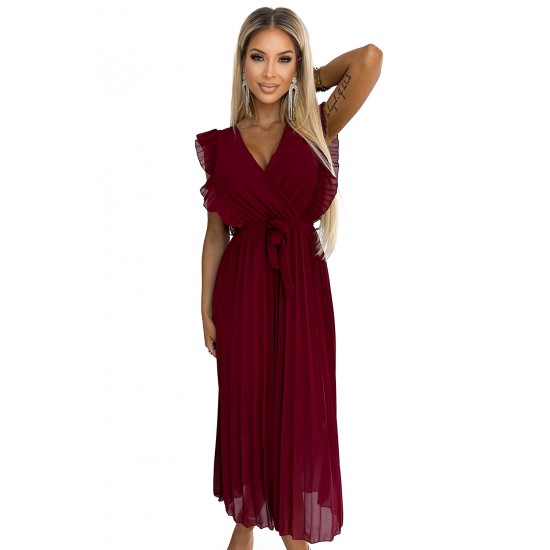 469-1 Pleated dress with frills, neckline and belt - burgundy     