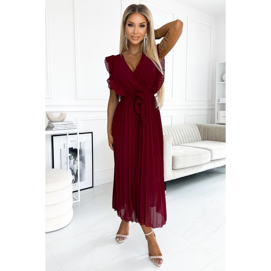 469-1 Pleated dress with frills, neckline and belt - burgundy     