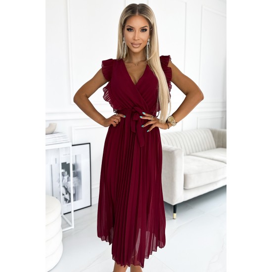 469-1 Pleated dress with frills, neckline and belt - burgundy     