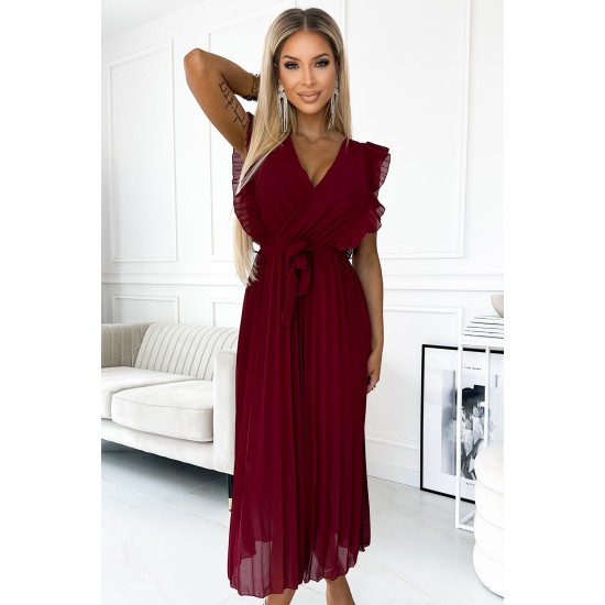 469-1 Pleated dress with frills, neckline and belt - burgundy     