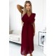 469-1 Pleated dress with frills, neckline and belt - burgundy     