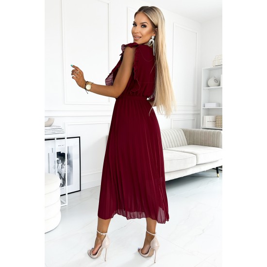 469-1 Pleated dress with frills, neckline and belt - burgundy     