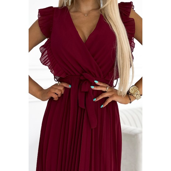 469-1 Pleated dress with frills, neckline and belt - burgundy     