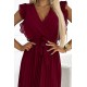 469-1 Pleated dress with frills, neckline and belt - burgundy     