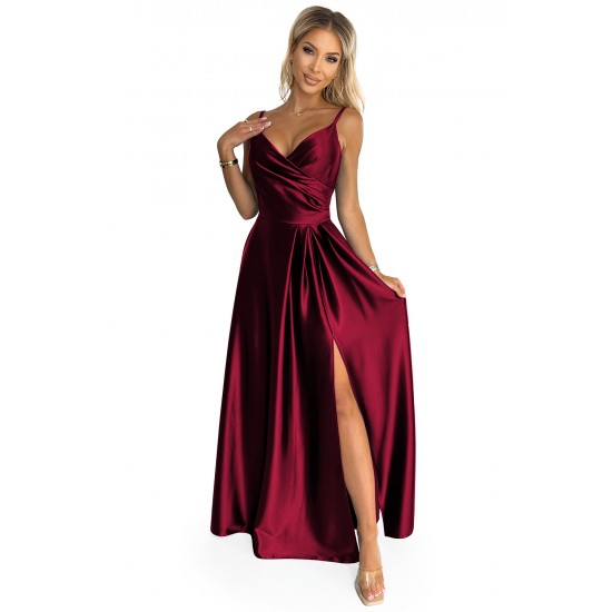 299-13 CHIARA elegant satin maxi dress with straps - Burgundy color     