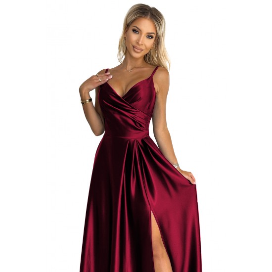 299-13 CHIARA elegant satin maxi dress with straps - Burgundy color     