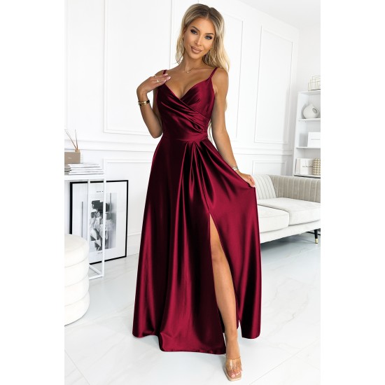 299-13 CHIARA elegant satin maxi dress with straps - Burgundy color     