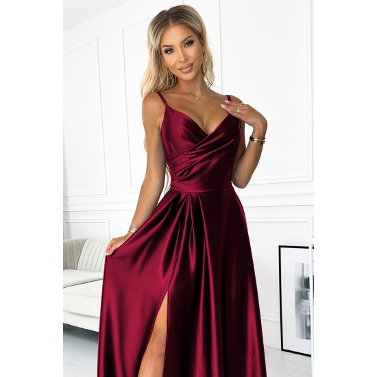 299-13 CHIARA elegant satin maxi dress with straps - Burgundy color     