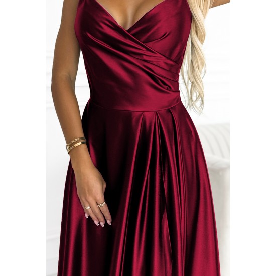 299-13 CHIARA elegant satin maxi dress with straps - Burgundy color     