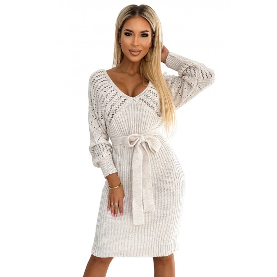 507-1 Openwork sweater dress with a neckline and ties - beige     