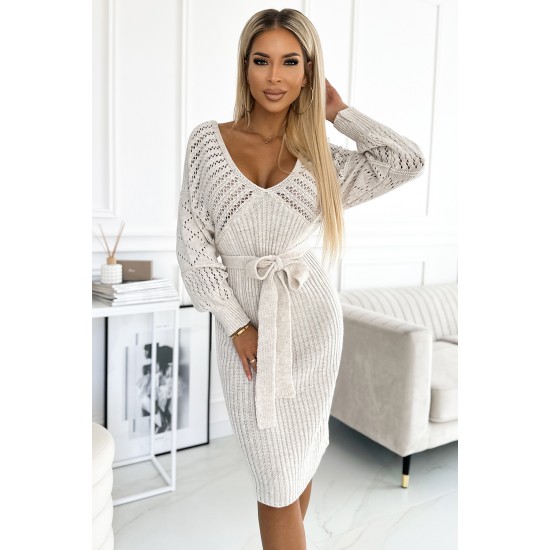 507-1 Openwork sweater dress with a neckline and ties - beige     