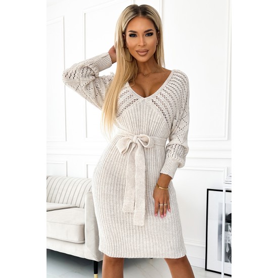 507-1 Openwork sweater dress with a neckline and ties - beige     