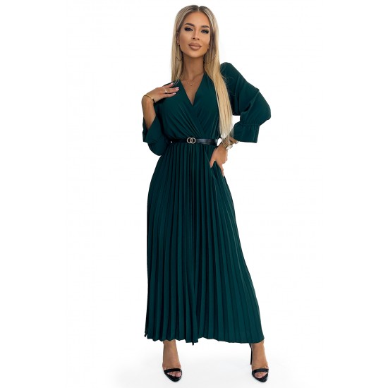 462-2 SERENA Pleated maxi dress with a neckline, belt and 3/4 sleeves - green     