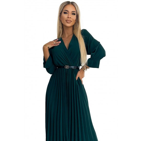 462-2 SERENA Pleated maxi dress with a neckline, belt and 3/4 sleeves - green     