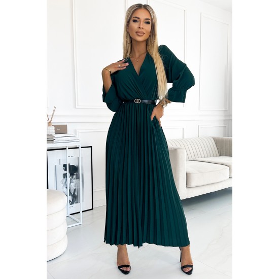 462-2 SERENA Pleated maxi dress with a neckline, belt and 3/4 sleeves - green     