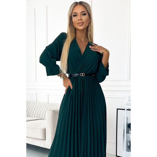 462-2 SERENA Pleated maxi dress with a neckline, belt and 3/4 sleeves - green     