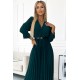 462-2 SERENA Pleated maxi dress with a neckline, belt and 3/4 sleeves - green     