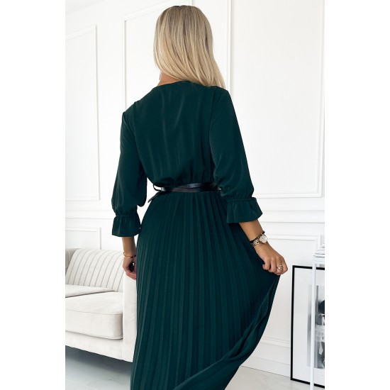 462-2 SERENA Pleated maxi dress with a neckline, belt and 3/4 sleeves - green     