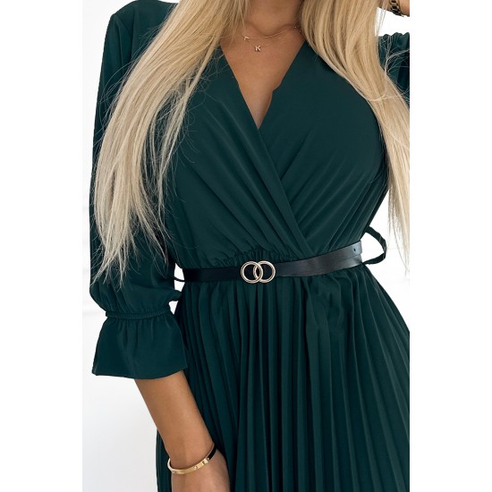 462-2 SERENA Pleated maxi dress with a neckline, belt and 3/4 sleeves - green     